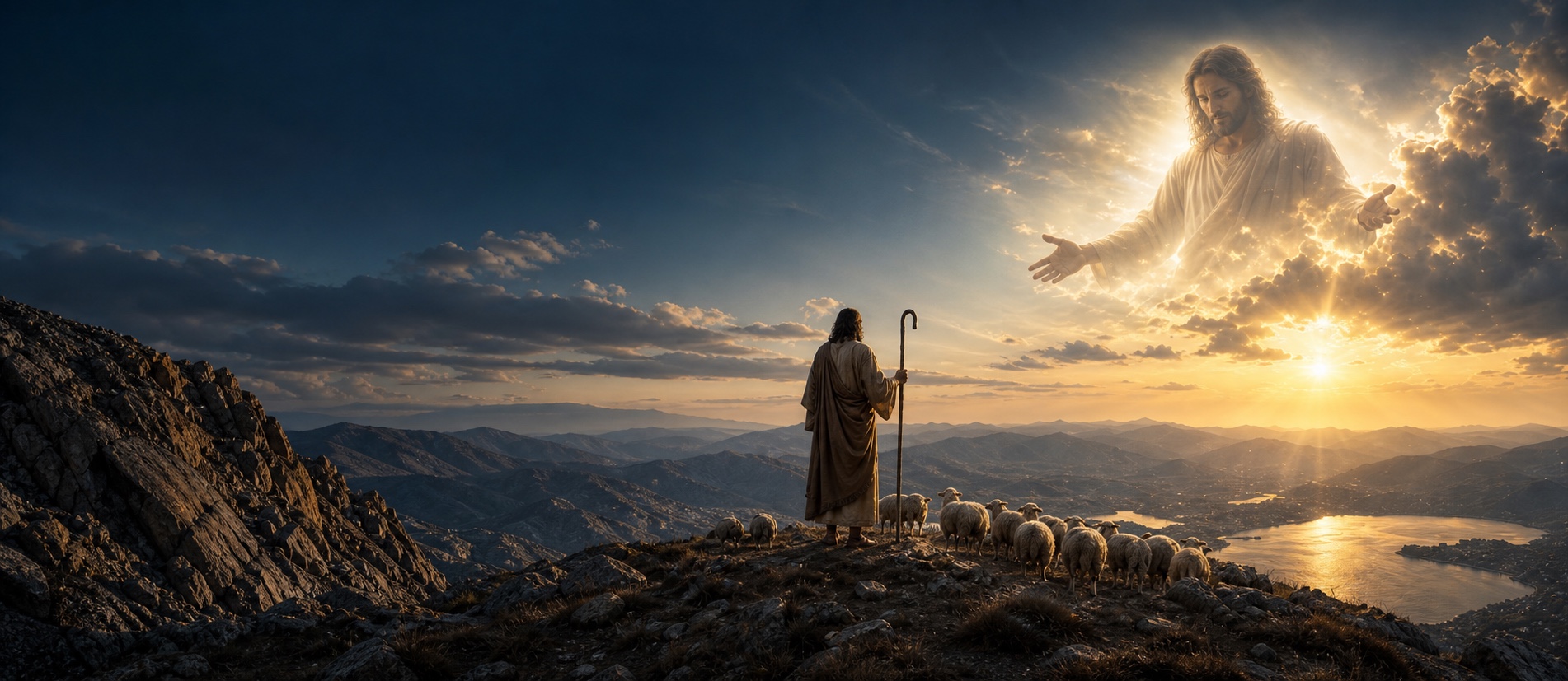 A shepherd with his flock on a mountain ridge beneath a radiant vision of Jesus